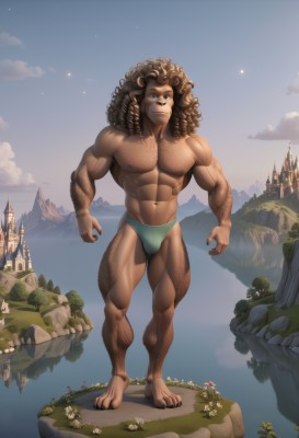 solo,long hair,looking at viewer,smile,brown hair,1boy,navel,animal ears,underwear,nipples,standing,full body,flower,male focus,thighs,outdoors,sky,cloud,dark skin,water,stomach,muscular,facial hair,thick thighs,abs,dark-skinned male,underwear only,thick eyebrows,cloudy sky,pectorals,muscular male,bara,beard,large pectorals,curly hair,bulge,topless male,mountain,furry male,giant,male underwear,lion ears,bear ears,chest hair,male swimwear,castle,navel hair,leg hair,arm hair,hairy,cliff,swim briefs,lion boy,blue eyes,artist name,tree,watermark,star (sky),web address,furry,toenails,rock,body hair