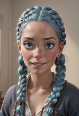 1girl,solo,long hair,breasts,looking at viewer,smile,blue eyes,shirt,cleavage,twintails,jewelry,medium breasts,blue hair,collarbone,white shirt,upper body,braid,earrings,parted lips,open clothes,teeth,collared shirt,artist name,indoors,grin,blurry,twin braids,lips,eyelashes,blurry background,watermark,cardigan,hair over shoulder,web address,forehead,freckles,realistic,nose,unbuttoned,stud earrings,bangs,lip biting