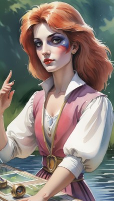 1girl,solo,long hair,breasts,looking at viewer,shirt,long sleeves,dress,holding,cleavage,jewelry,closed mouth,green eyes,collarbone,white shirt,upper body,weapon,red hair,earrings,small breasts,outdoors,puffy sleeves,belt,hand up,water,orange hair,vest,lips,fingernails,grey eyes,makeup,lipstick,pink dress,freckles,nose,red lips,facepaint,artist name,realistic