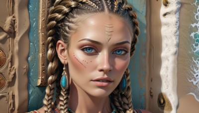 1girl,solo,long hair,looking at viewer,blue eyes,blonde hair,brown hair,hair ornament,jewelry,braid,earrings,parted lips,teeth,dark skin,necklace,twin braids,dark-skinned female,lips,eyelashes,makeup,facial mark,gem,portrait,close-up,forehead,eyeshadow,freckles,forehead mark,realistic,nose,hair pulled back,crack,multiple braids,facepaint,dirty,gold,bodypaint