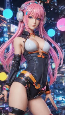 megurine luka,1girl,solo,long hair,breasts,looking at viewer,smile,bangs,blue eyes,thighhighs,cleavage,bare shoulders,jewelry,medium breasts,very long hair,closed mouth,standing,pink hair,cowboy shot,detached sleeves,bracelet,leotard,lips,thigh strap,headphones,building,single thighhigh,black leotard,zipper,city,long sleeves,sidelocks,thighs,hairband,earrings,belt,artist name,signature,necklace,nail polish,ring,headset,science fiction,contrapposto,realistic,cyberpunk