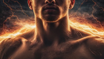 solo,1boy,male focus,horns,sky,cloud,muscular,facial hair,portrait,beard,veins,realistic,electricity,bald,manly,chest hair,lightning,looking at viewer,hat,closed mouth,collarbone,upper body,cloudy sky,close-up,topless male,mustache,head out of frame