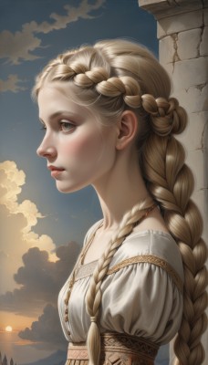 1girl,solo,long hair,blue eyes,blonde hair,dress,jewelry,upper body,braid,short sleeves,outdoors,parted lips,sky,puffy sleeves,cloud,necklace,white dress,twin braids,from side,puffy short sleeves,lips,grey eyes,eyelashes,profile,looking away,sunlight,cloudy sky,looking up,corset,freckles,sunset,realistic,nose,sun,looking afar,castle,multiple braids,breasts,blush,closed mouth,earrings,stud earrings,crown braid,pillar