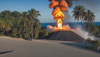 outdoors,sky,day,cloud,water,tree,blue sky,no humans,ocean,beach,fire,nature,scenery,smoke,mountain,sand,palm tree,burning,horizon,explosion,island