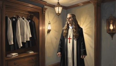 solo,long hair,blonde hair,brown hair,shirt,long sleeves,1boy,jewelry,closed mouth,standing,jacket,white shirt,male focus,indoors,signature,necklace,coat,book,facial hair,cross,robe,arms at sides,nun,lamp,cross necklace,latin cross,black robe,priest,dress,black dress,wavy hair,beard,lantern,door,light,book stack,chest of drawers