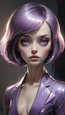 1girl,solo,breasts,looking at viewer,blush,short hair,bangs,cleavage,medium breasts,closed mouth,purple eyes,collarbone,jacket,upper body,purple hair,small breasts,open clothes,shiny,shiny hair,lips,shiny skin,eyelashes,no bra,makeup,swept bangs,formal,bob cut,lipstick,breasts apart,eyeshadow,shiny clothes,realistic,nose,center opening,red lips,eyeliner,purple jacket,mascara,parted lips,artist name,open jacket,parted bangs,watermark,thick eyebrows,web address,backlighting,freckles