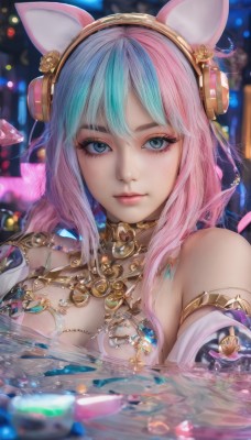 1girl,solo,long hair,breasts,looking at viewer,bangs,blue eyes,animal ears,cleavage,bare shoulders,jewelry,medium breasts,closed mouth,blue hair,upper body,pink hair,multicolored hair,detached sleeves,water,necklace,blurry,two-tone hair,lips,streaked hair,fox ears,eyelashes,aqua hair,makeup,blurry background,fake animal ears,headphones,gem,eyeshadow,partially submerged,mascara,animal ear headphones,large breasts,choker,realistic