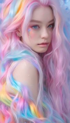 1girl,solo,long hair,looking at viewer,blue eyes,bare shoulders,jewelry,closed mouth,blue hair,upper body,pink hair,multicolored hair,earrings,from side,lips,eyelashes,makeup,wavy hair,piercing,ear piercing,personification,realistic,nose,nose piercing,lip piercing,rainbow hair,facial mark