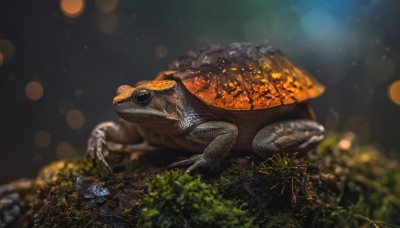 signature,blurry,no humans,depth of field,blurry background,animal,scenery,fish,realistic,animal focus,bokeh,oversized animal,turtle,outdoors,from side,frog,scales,moss,dinosaur,lizard