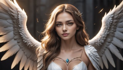 1girl,solo,long hair,breasts,looking at viewer,blue eyes,blonde hair,brown hair,hair ornament,cleavage,brown eyes,jewelry,medium breasts,closed mouth,collarbone,upper body,wings,necklace,white dress,blurry,lips,grey eyes,blurry background,wavy hair,gem,feathered wings,angel wings,realistic,white wings,angel,dress,parted lips,feathers