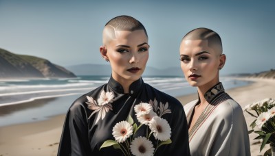 looking at viewer,short hair,multiple girls,shirt,2girls,brown eyes,jewelry,closed mouth,upper body,flower,earrings,outdoors,day,blurry,black eyes,makeup,blurry background,ocean,beach,piercing,floral print,white flower,ear piercing,sand,red lips,very short hair,undercut,buzz cut,1girl,smile,brown hair,1boy,sky,dark skin,dark-skinned male,very dark skin,desert