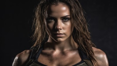 1girl,solo,long hair,looking at viewer,simple background,brown hair,bare shoulders,brown eyes,collarbone,upper body,dark skin,armor,mole,dark-skinned female,lips,black background,portrait,freckles,realistic,nose,dirty,blonde hair,shiny,dirty face