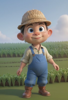 solo,looking at viewer,blush,smile,short hair,blue eyes,shirt,black hair,1boy,hat,standing,full body,male focus,boots,outdoors,sky,day,collared shirt,cloud,blurry,blue sky,blurry background,brown footwear,grass,child,straw hat,overalls,male child,field,blue overalls,open mouth,brown hair,sleeves rolled up,realistic