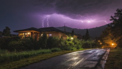 outdoors,sky,cloud,tree,no humans,night,cloudy sky,grass,building,nature,night sky,scenery,forest,mountain,fence,electricity,road,bush,house,power lines,lamppost,street,utility pole,lightning,path,purple sky,sunset,landscape