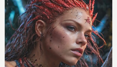 1girl,solo,long hair,looking at viewer,red hair,parted lips,teeth,blurry,lips,grey eyes,blood,blurry background,facial mark,portrait,freckles,blood on face,realistic,nose,blue eyes,eyelashes,close-up,science fiction,forehead mark,dirty,damaged