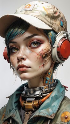 1girl,solo,looking at viewer,short hair,bangs,simple background,hat,white background,brown eyes,jewelry,blue hair,jacket,yellow eyes,upper body,multicolored hair,earrings,parted lips,green hair,teeth,artist name,collar,lips,gradient,gradient background,eyelashes,aqua hair,blood,makeup,headphones,white headwear,lipstick,portrait,baseball cap,eyeshadow,zipper,freckles,science fiction,blood on face,realistic,nose,red lips,eyeliner,cable,cyborg,dirty,mascara,cyberpunk,dirty face,mechanical parts,print headwear,black hair,signature,grey background,streaked hair,swept bangs,injury,badge,button badge