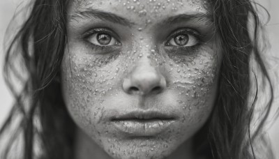 1girl,solo,long hair,looking at viewer,simple background,white background,closed mouth,monochrome,greyscale,parted lips,lips,eyelashes,portrait,close-up,freckles,realistic,dirty,teeth,blurry,messy hair