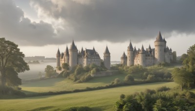 outdoors,sky,day,cloud,tree,no humans,cloudy sky,grass,building,nature,scenery,forest,mountain,river,castle,tower,landscape,artist name,signature,water,fantasy,bush,lake,path