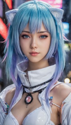 1girl,solo,long hair,breasts,looking at viewer,bangs,blue eyes,animal ears,cleavage,bare shoulders,jewelry,medium breasts,closed mouth,blue hair,upper body,multicolored hair,artist name,cat ears,necklace,bra,blurry,lips,animal ear fluff,clothing cutout,eyelashes,blurry background,realistic,underwear,pendant,zipper,white bra,rain