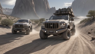 outdoors,sky,day,cloud,tree,no humans,shadow,cloudy sky,grass,ground vehicle,scenery,motor vehicle,mountain,car,road,vehicle focus,mountainous horizon,desert,dust,wheel,truck,tire,weapon,bag,blue sky,gun,driving