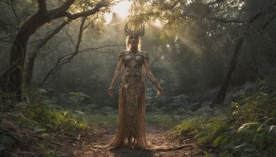 1girl,solo,long hair,dress,jewelry,standing,outdoors,horns,barefoot,day,from behind,armor,tree,leaf,sunlight,helmet,plant,nature,scenery,forest,walking,light rays,fantasy,arms at sides,sunbeam,dappled sunlight,pointy ears,bracelet,elf,branch,facing away