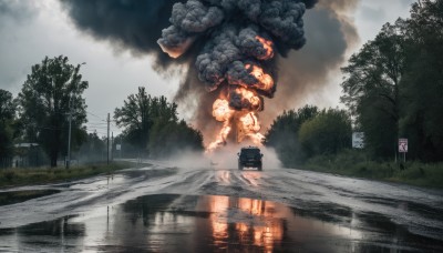 outdoors,sky,day,cloud,water,tree,no humans,cloudy sky,grass,ground vehicle,building,nature,scenery,motor vehicle,forest,smoke,reflection,monster,sign,road,bush,power lines,lamppost,utility pole,road sign,puddle,fog,fire,car,explosion