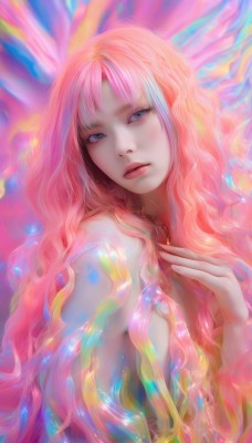 1girl,solo,long hair,looking at viewer,bangs,blue eyes,jewelry,closed mouth,upper body,pink hair,nude,multicolored hair,parted lips,necklace,lips,wavy hair,hand on own chest,colorful,breasts,hand up,eyelashes,watermark,realistic,nose