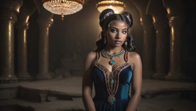 1girl,solo,long hair,breasts,looking at viewer,black hair,dress,cleavage,bare shoulders,brown eyes,jewelry,medium breasts,upper body,earrings,indoors,dark skin,necklace,hair bun,dark-skinned female,lips,strapless,double bun,makeup,blue dress,curly hair,realistic,nose,pillar,very dark skin,dreadlocks,column,hair ornament,gem,chandelier