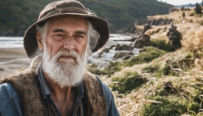 solo,looking at viewer,shirt,1boy,hat,closed mouth,upper body,white hair,male focus,outdoors,day,collared shirt,blurry,blurry background,facial hair,blue shirt,portrait,beard,realistic,mustache,brown headwear,manly,old,old man,photo background,vest,tree,fur trim,depth of field,thick eyebrows,nature,wrinkled skin