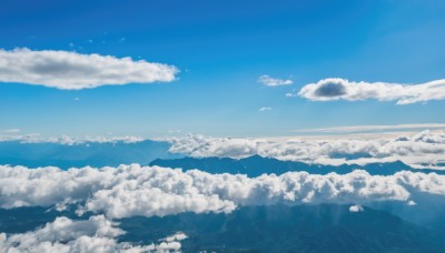 monochrome,outdoors,sky,day,cloud,blue sky,no humans,bird,ocean,cloudy sky,nature,scenery,blue theme,mountain,horizon,landscape,above clouds