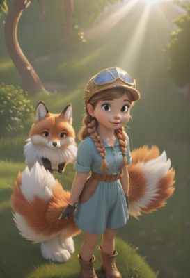 1girl,solo,long hair,looking at viewer,smile,brown hair,shirt,gloves,hat,brown eyes,closed mouth,standing,tail,full body,braid,short sleeves,boots,outdoors,shorts,day,black gloves,belt,artist name,signature,fingerless gloves,twin braids,tree,fox ears,fox tail,animal,brown footwear,sunlight,grass,blue shirt,goggles,multiple tails,child,nature,hair over shoulder,forest,freckles,goggles on head,light rays,female child,fox,goggles on headwear,lips,thick eyebrows,helmet,brown gloves,overalls