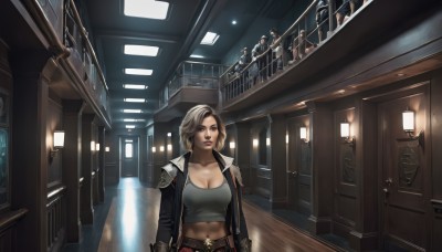 1girl,solo,breasts,short hair,large breasts,brown hair,shirt,navel,cleavage,brown eyes,collarbone,jacket,weapon,open clothes,solo focus,midriff,belt,indoors,armor,open jacket,lips,crop top,muscular,abs,tank top,door,hallway,ceiling light,multiple girls,blonde hair,multiple boys,stairs,realistic