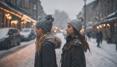 long hair, blue eyes, multiple girls, blonde hair, brown hair, hat, 2girls, outdoors, blurry, from side, coat, fur trim, profile, depth of field, blurry background, ground vehicle, motor vehicle, snow, snowing, realistic, beanie, winter clothes, car, road, winter, street, winter coat