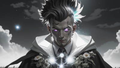 solo,looking at viewer,short hair,bangs,shirt,black hair,1boy,closed mouth,purple eyes,jacket,white shirt,upper body,flower,male focus,earrings,necktie,sky,collared shirt,cloud,dark skin,hood,cape,night,glowing,facial hair,piercing,moon,dark-skinned male,hood down,cloudy sky,white flower,star (sky),glowing eyes,black necktie,starry sky,spot color,straight-on,mohawk,dreadlocks,jewelry,white hair,multicolored hair,two-tone hair,black jacket,ear piercing,portrait,night sky,cloak,black sclera,undercut,grey skin,eyebrow piercing