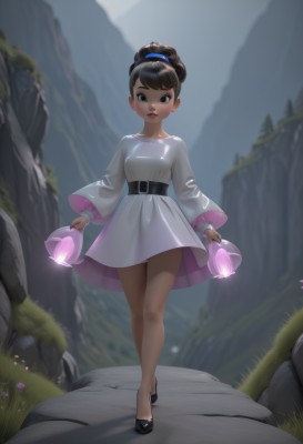 1girl,solo,looking at viewer,blush,short hair,bangs,skirt,brown hair,black hair,hair ornament,long sleeves,dress,holding,brown eyes,standing,full body,flower,outdoors,shoes,day,belt,dark skin,hair bun,black footwear,white dress,blurry,black eyes,dark-skinned female,lips,blurry background,single hair bun,scrunchie,crossed legs,grass,hair scrunchie,walking,rock,red lips,blue scrunchie,breasts,parted lips,bare legs,no socks,watson cross,watering can,holding lantern