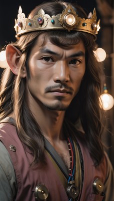 solo,long hair,looking at viewer,brown hair,black hair,1boy,brown eyes,jewelry,closed mouth,upper body,male focus,pointy ears,blurry,black eyes,vest,depth of field,blurry background,facial hair,crown,portrait,beard,freckles,realistic,mustache,manly,mole,gem