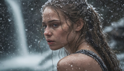 1girl, solo, long hair, looking at viewer, blue eyes, brown hair, upper body, parted lips, blurry, lips, wet, rain, snowing, realistic