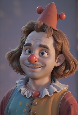 1girl,solo,looking at viewer,smile,short hair,brown hair,shirt,1boy,hat,brown eyes,upper body,male focus,frills,parted lips,teeth,grin,blurry,buttons,facial hair,parody,thick eyebrows,mustache,clown,vest,blurry background,portrait,red headwear,realistic,nose