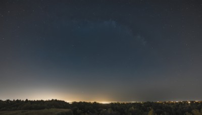 outdoors,sky,cloud,tree,no humans,night,grass,star (sky),nature,night sky,scenery,forest,starry sky,sunset,landscape,star (symbol),horizon,city lights