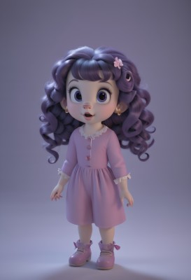 1girl,solo,long hair,looking at viewer,smile,open mouth,simple background,black hair,hair ornament,long sleeves,dress,jewelry,standing,purple eyes,full body,purple hair,flower,earrings,shoes,teeth,hair flower,grey background,nail polish,black eyes,fingernails,shadow,child,pink dress,red nails,purple dress,purple background,curly hair,arms at sides,pink footwear,female child,buck teeth,lips,makeup