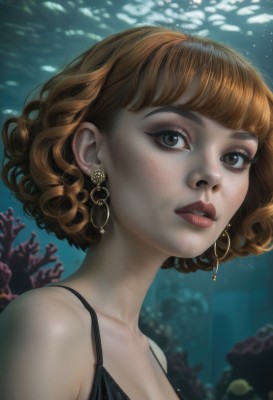 1girl,solo,breasts,looking at viewer,short hair,bangs,brown hair,cleavage,bare shoulders,brown eyes,jewelry,collarbone,upper body,earrings,parted lips,teeth,artist name,blunt bangs,blurry,lips,eyelashes,makeup,blurry background,portrait,freckles,curly hair,underwater,realistic,nose,spaghetti strap,coral,dress,watermark,lipstick,fish,mascara