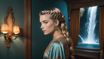 1girl,solo,long hair,looking at viewer,blue eyes,blonde hair,brown hair,dress,jewelry,closed mouth,upper body,braid,earrings,indoors,water,necklace,from side,lips,looking to the side,eyelashes,single braid,profile,blue dress,reflection,mirror,realistic,nose,lamp,painting (object),blurry,window,light,crown braid,waterfall