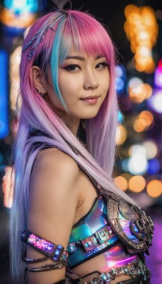 1girl,solo,long hair,looking at viewer,smile,bangs,hair ornament,bare shoulders,brown eyes,jewelry,closed mouth,blue hair,upper body,pink hair,purple hair,multicolored hair,earrings,hairclip,blurry,black eyes,from side,two-tone hair,lips,makeup,depth of field,blurry background,piercing,armlet,realistic,nose,artist name,streaked hair,looking to the side,watermark,lipstick,eyeshadow,bokeh