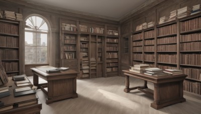 day,indoors,book,no humans,window,chair,table,sunlight,scenery,desk,wooden floor,paper,bookshelf,shelf,book stack,library,ladder,shadow