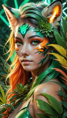 1girl,solo,long hair,breasts,looking at viewer,smile,large breasts,hair ornament,animal ears,cleavage,bare shoulders,medium breasts,closed mouth,green eyes,swimsuit,upper body,bikini,multicolored hair,green hair,shiny,artist name,cat ears,signature,hair flower,orange hair,mole,from side,lips,animal ear fluff,fox ears,eyelashes,gradient hair,makeup,leaf,facial mark,plant,slit pupils,eyeshadow,nose,eyeliner,whisker markings,facepaint,green bikini,mascara,jewelry,flower,necklace,shiny skin,glowing,watermark,lipstick,portrait,web address,light particles,close-up,freckles