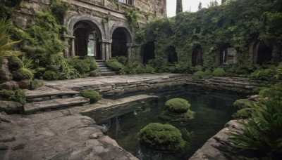 1girl,outdoors,day,water,tree,window,grass,plant,building,nature,scenery,stairs,ruins,bridge,pillar,arch,moss,overgrown,no humans,forest,rock,bush,river,stone