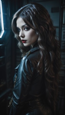 1girl,solo,long hair,looking at viewer,blue eyes,brown hair,black hair,jacket,upper body,belt,looking back,from behind,mole,blurry,lips,black jacket,mole under eye,makeup,blurry background,wavy hair,denim,lipstick,pale skin,freckles,realistic,nose,red lips,leather,leather jacket,denim jacket,jewelry,artist name,necklace,black eyes,from side,curly hair