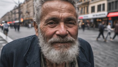 solo,looking at viewer,1boy,closed mouth,jacket,upper body,white hair,grey hair,male focus,outdoors,solo focus,blurry,black eyes,depth of field,blurry background,facial hair,blue jacket,portrait,beard,meme,realistic,mustache,old,old man,wrinkled skin,shirt,day,black jacket,parody,denim,ground vehicle,motor vehicle,car,road,street,crowd,photo background,denim jacket