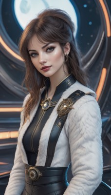 1girl,solo,long hair,breasts,looking at viewer,smile,brown hair,long sleeves,brown eyes,jewelry,medium breasts,closed mouth,upper body,earrings,lips,coat,grey eyes,makeup,lipstick,eyeshadow,realistic,nose,white coat,red lips,bangs,shirt,jacket,artist name,parted bangs,moon,backlighting