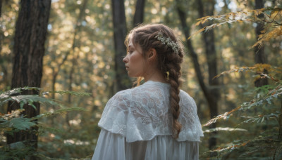 1girl, solo, long hair, brown hair, hair ornament, dress, upper body, braid, flower, outdoors, parted lips, day, hair flower, blurry, tree, single braid, profile, depth of field, blurry background, nature, forest, realistic